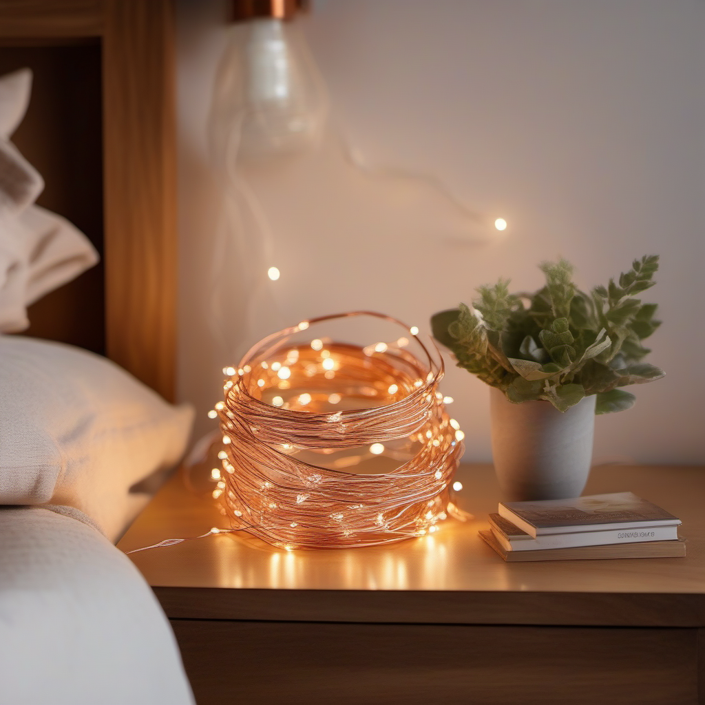 Cozy Haven lifestyle image for Cozy Haven Copper Wire Fairy String Lights - 33 Foot 100 LED Battery Operated Warm White - Bedroom