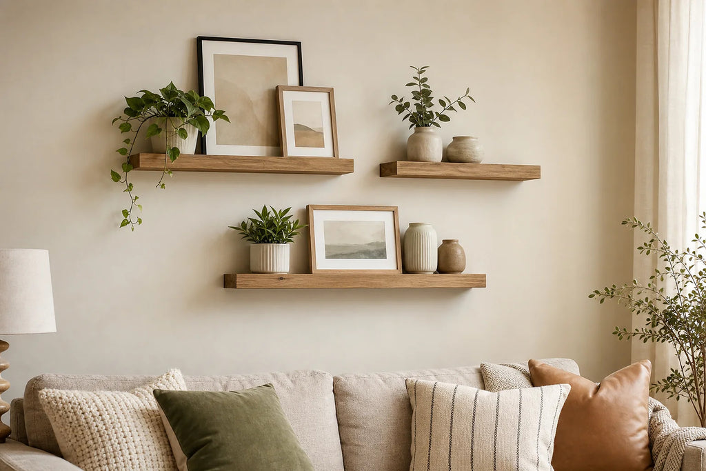 Cozy Haven Floating Wall Shelves Set styled lighting view 7