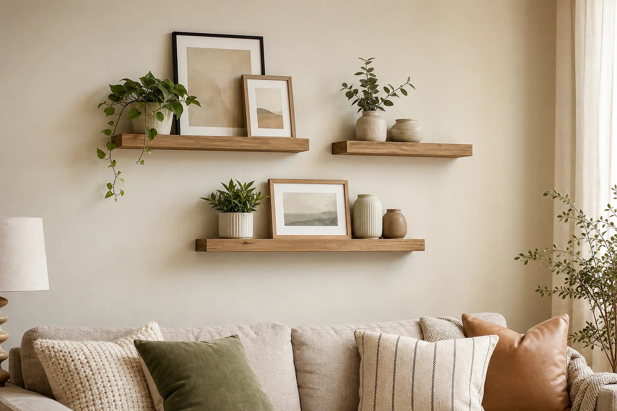 Cozy Haven Floating Wall Shelves Set styled lighting view 7