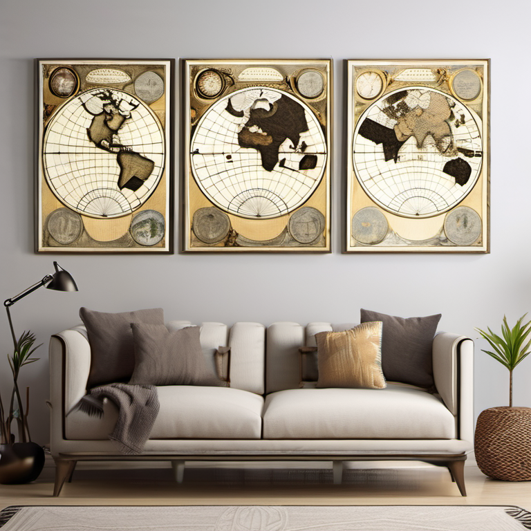 Cozy Haven bedroom wall lifestyle image for Cozy Haven Vintage Map Wall Art Canvas Set - 3 Piece World Travel Prints 12x16 Inch Framed - Living Room & Bedroom