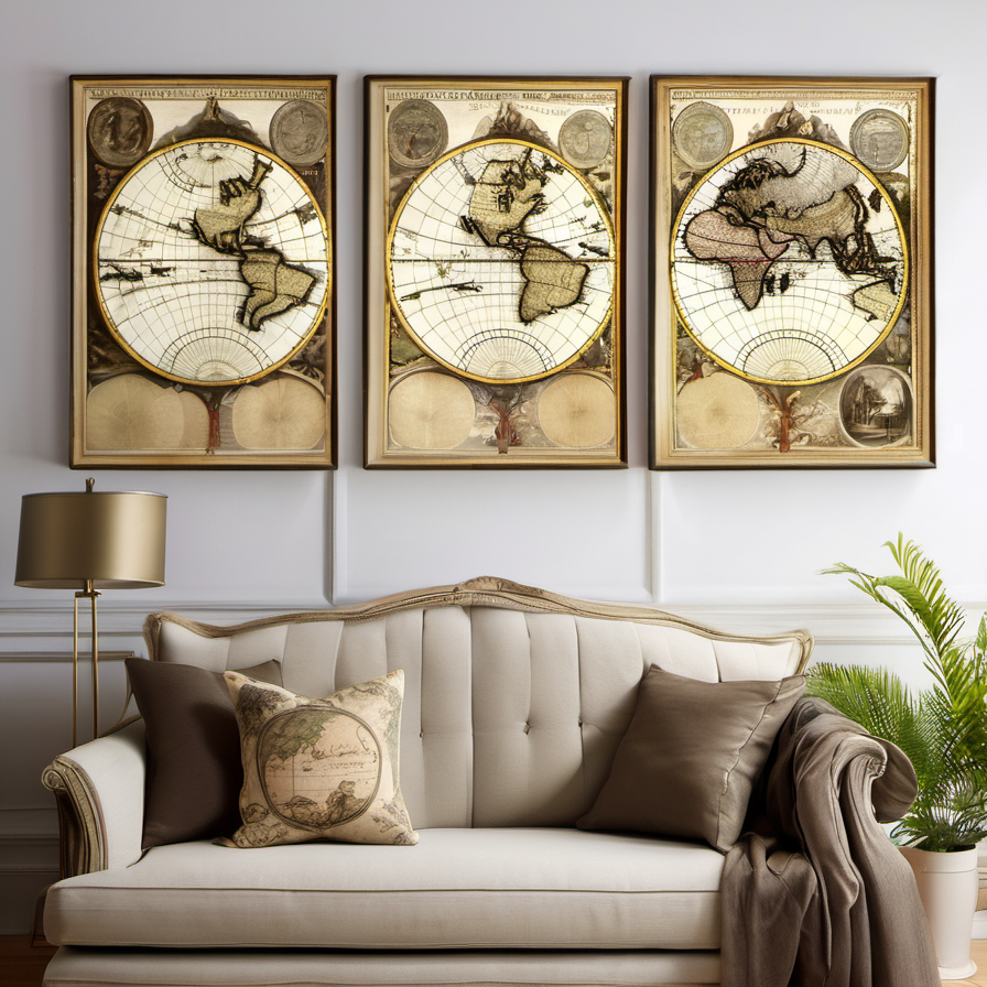 Cozy Haven lifestyle image for Cozy Haven Vintage Map Wall Art Canvas Set - 3 Piece World Travel Prints 12x16 Inch Framed - Living Room & Bedroom