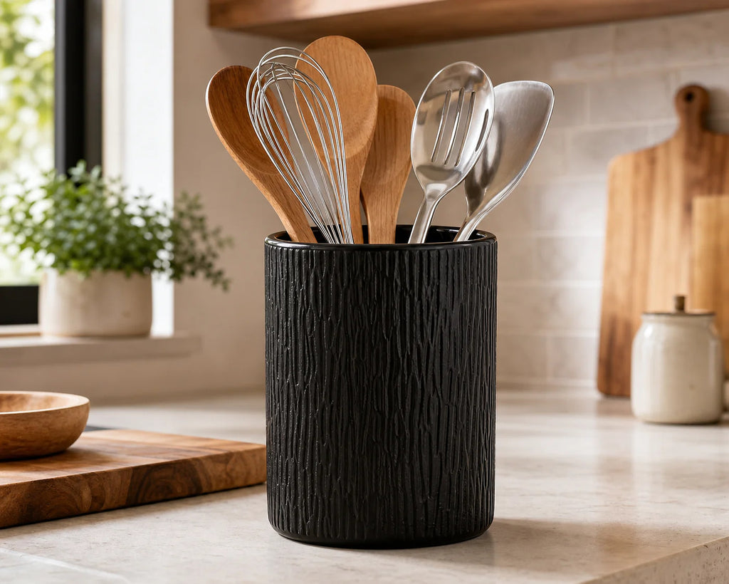 Cozy Haven black ceramic utensil holder lifestyle detail