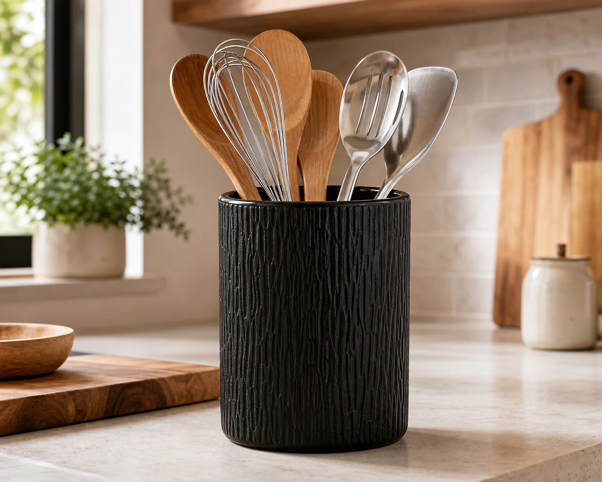 Cozy Haven black ceramic utensil holder lifestyle detail