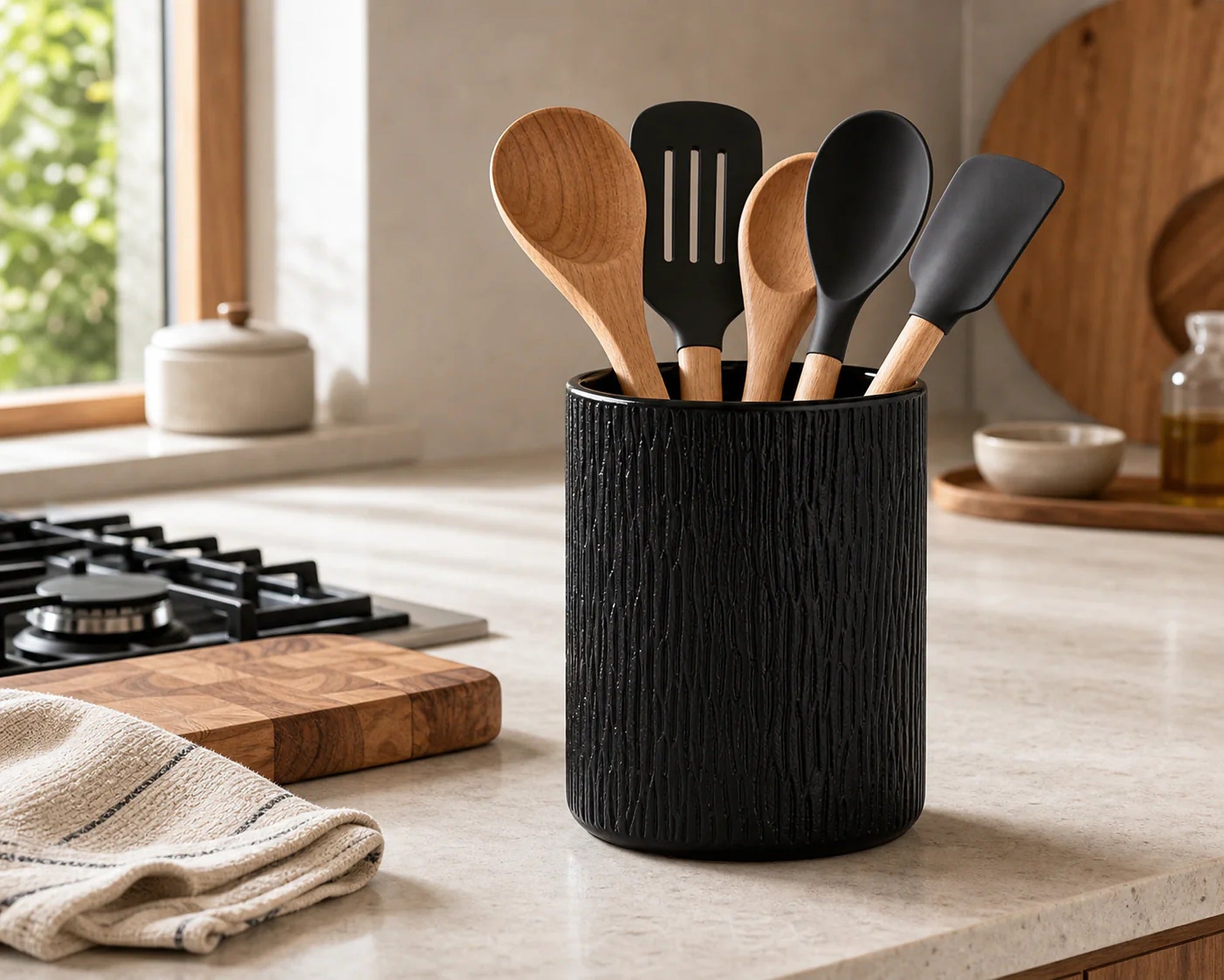 Cozy Haven black ceramic utensil holder lifestyle detail