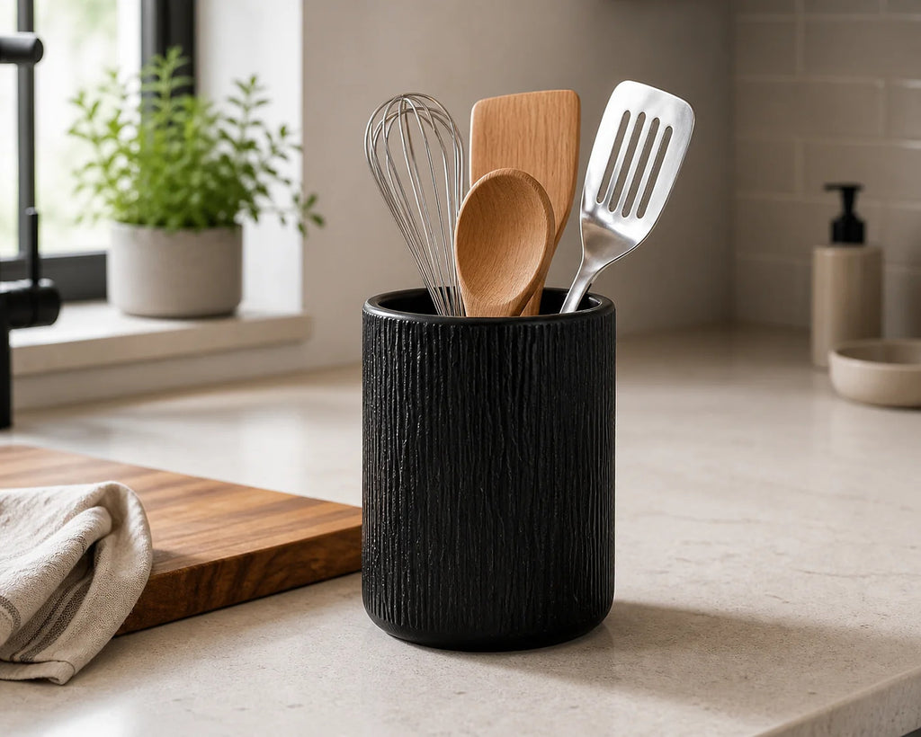 Cozy Haven black ceramic utensil holder lifestyle detail