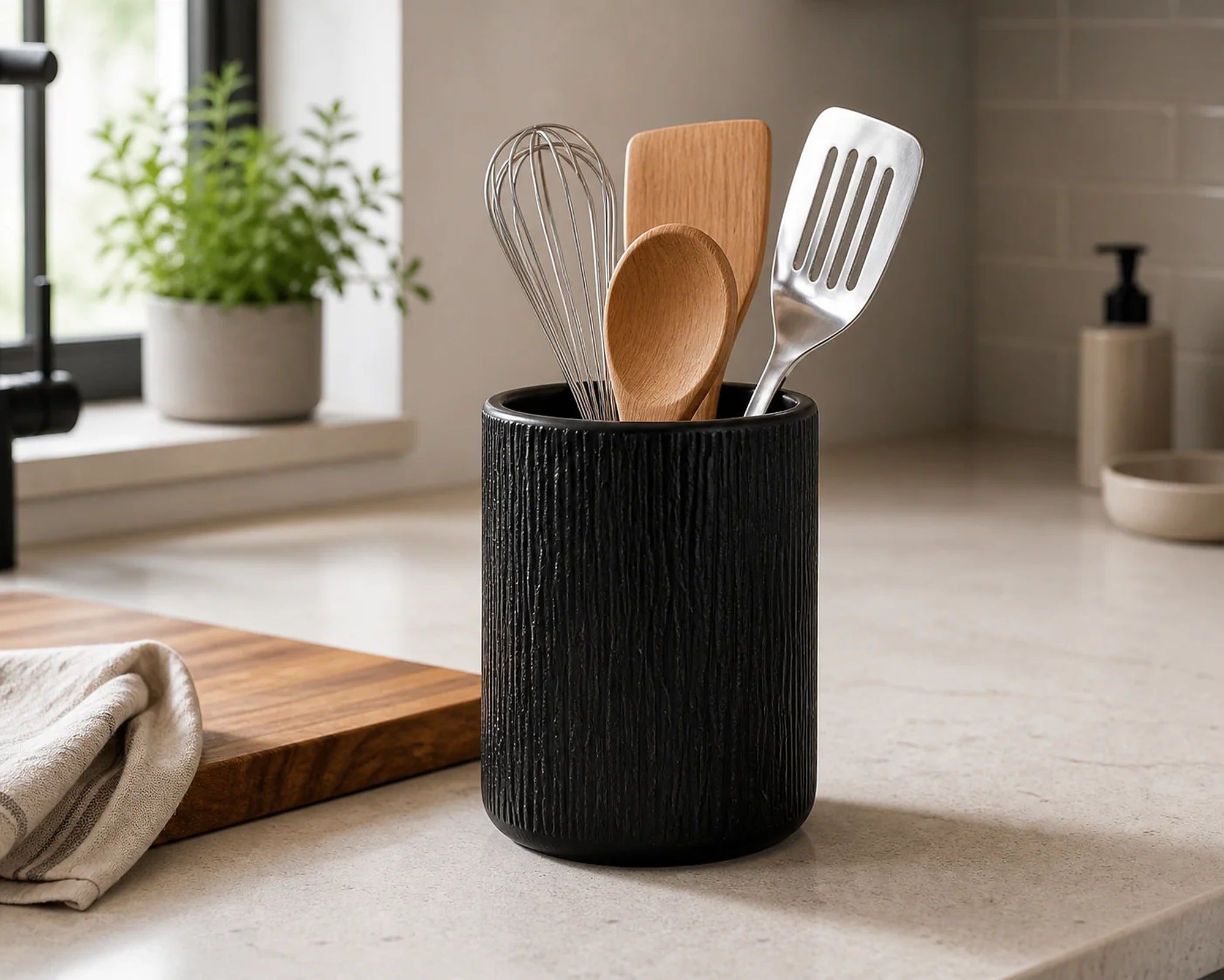Cozy Haven black ceramic utensil holder lifestyle detail