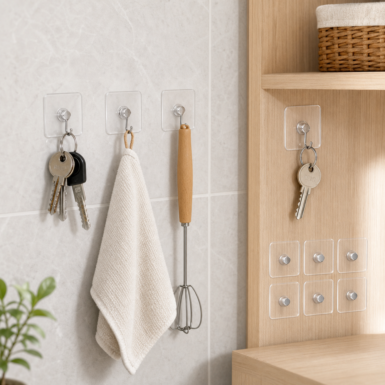 Cozy Haven Clear Adhesive Metal Button Hooks - 60-Piece Set organized storage view 3