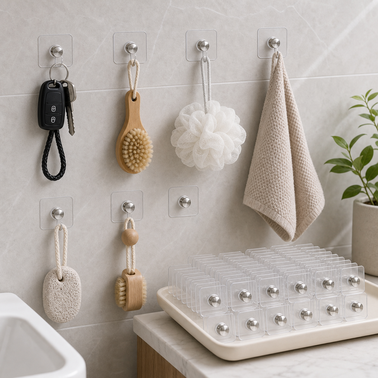 Cozy Haven Clear Adhesive Metal Button Hooks - bathroom use scene