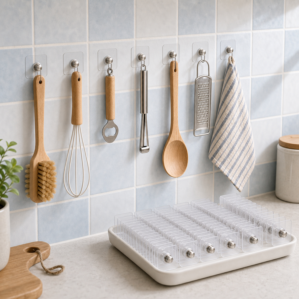 Cozy Haven Clear Adhesive Metal Button Hooks - 60-Piece Set organized storage view 2