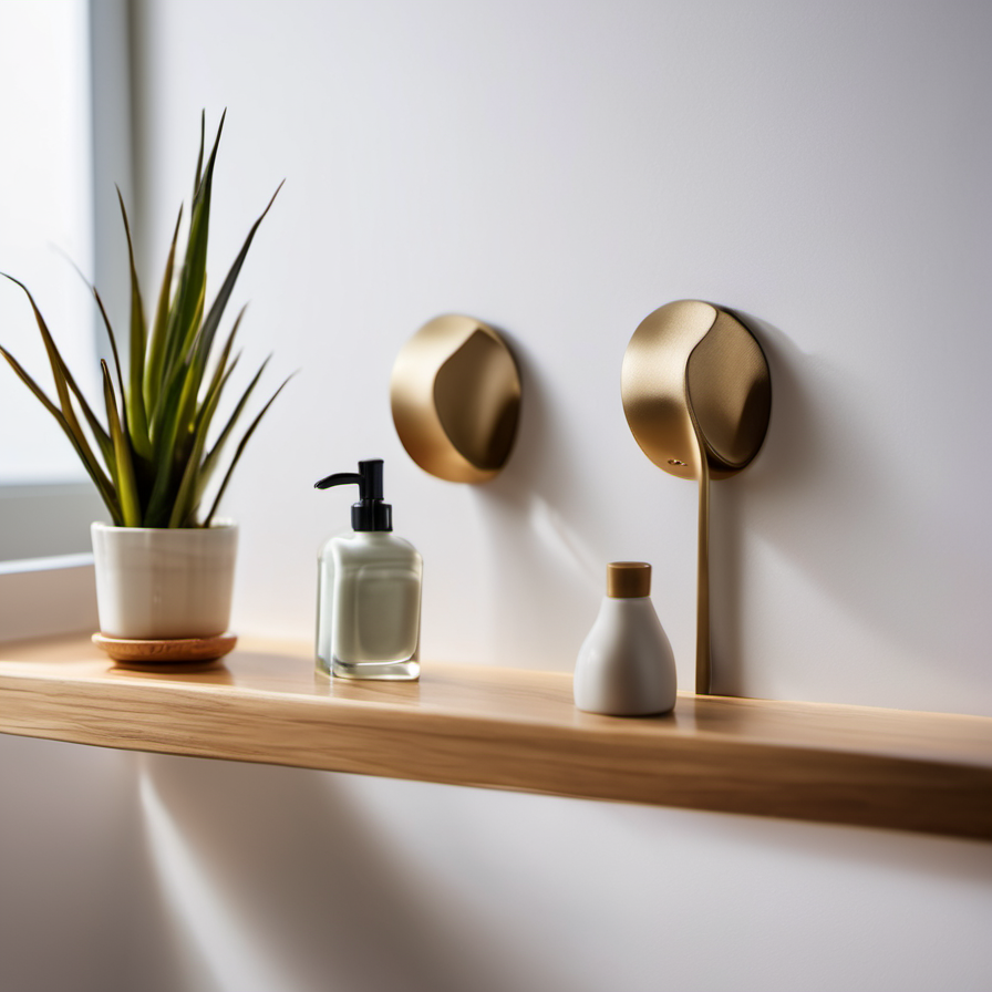 Cozy Haven lifestyle image for Cozy Haven Adhesive Wall Hooks Set - 16 Pack Strong Command Style Removable Hangers - Bathroom - 10047051432222 shelf detail