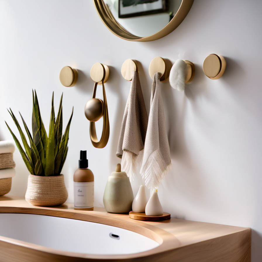 Cozy Haven lifestyle image for Cozy Haven Adhesive Wall Hooks Set - 16 Pack Strong Command Style Removable Hangers - Bathroom - 10047051432222 vanity morning