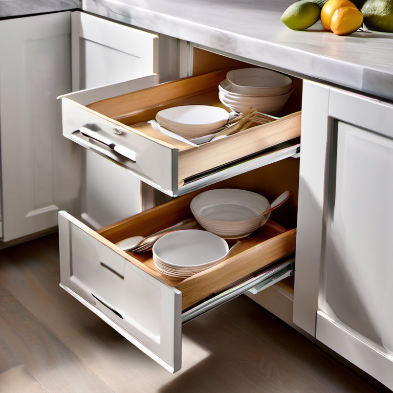 Cozy Haven open shelf lifestyle image for Cozy Haven Pull-Out Cabinet Drawer Organizer - 2 Tier Sliding Kitchen Storage Rack