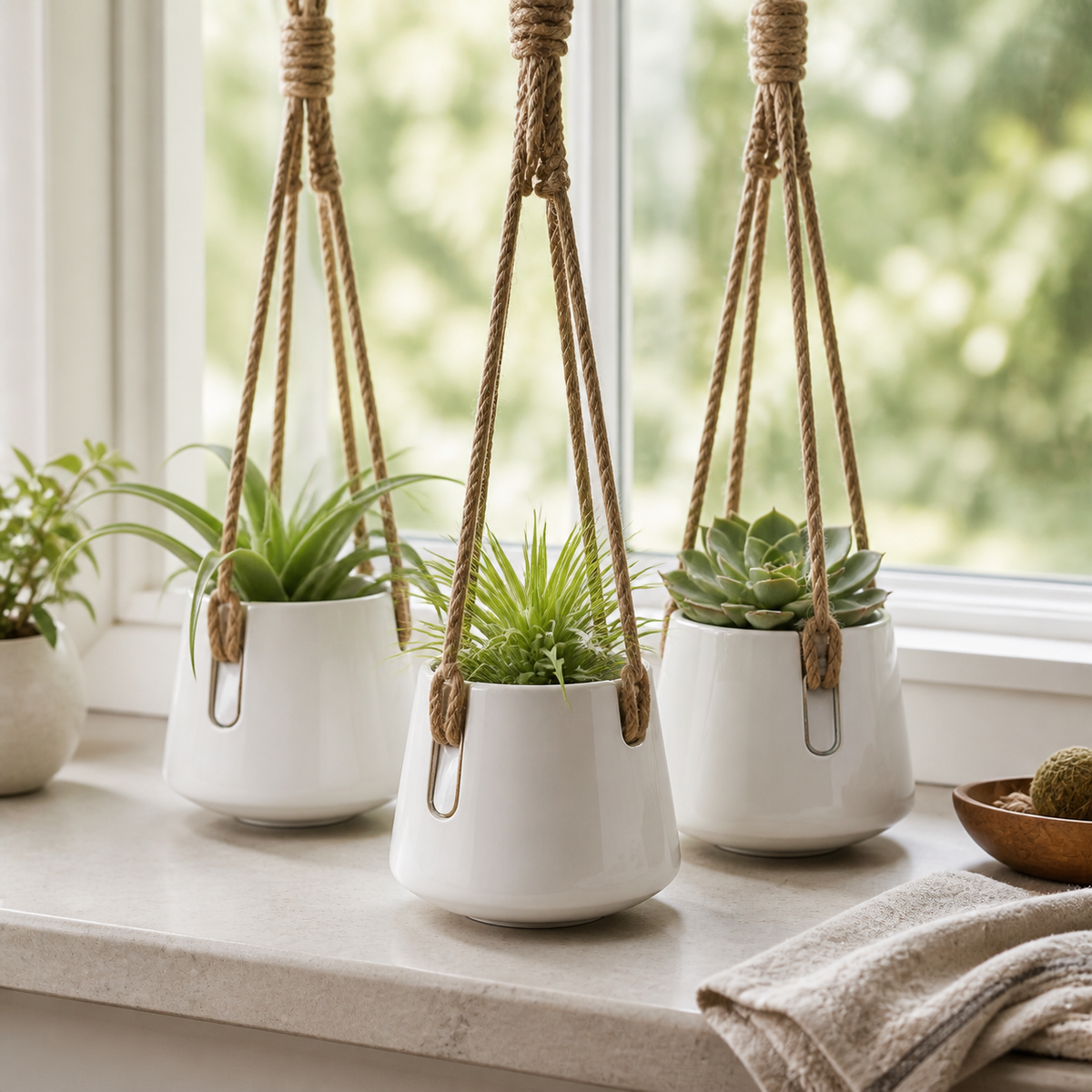 Cozy Haven 4-Piece Ceramic Rope Hanging Planter Set styled in a home setting