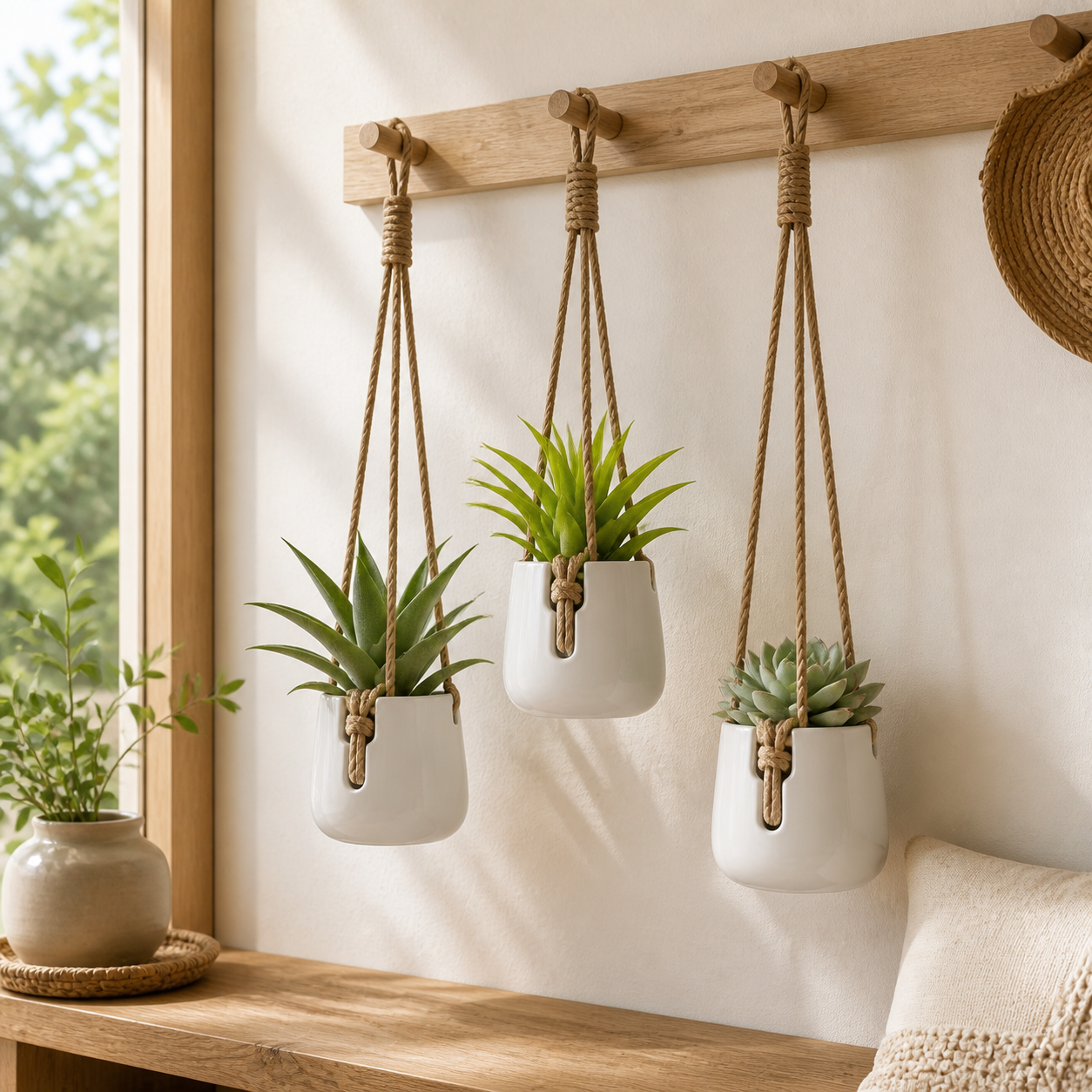 Cozy Haven 4-Piece Ceramic Rope Hanging Planter Set lifestyle image 2