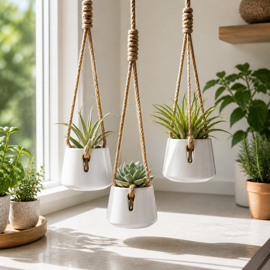 Cozy Haven 4-Piece Ceramic Rope Hanging Planter Set lifestyle image 3