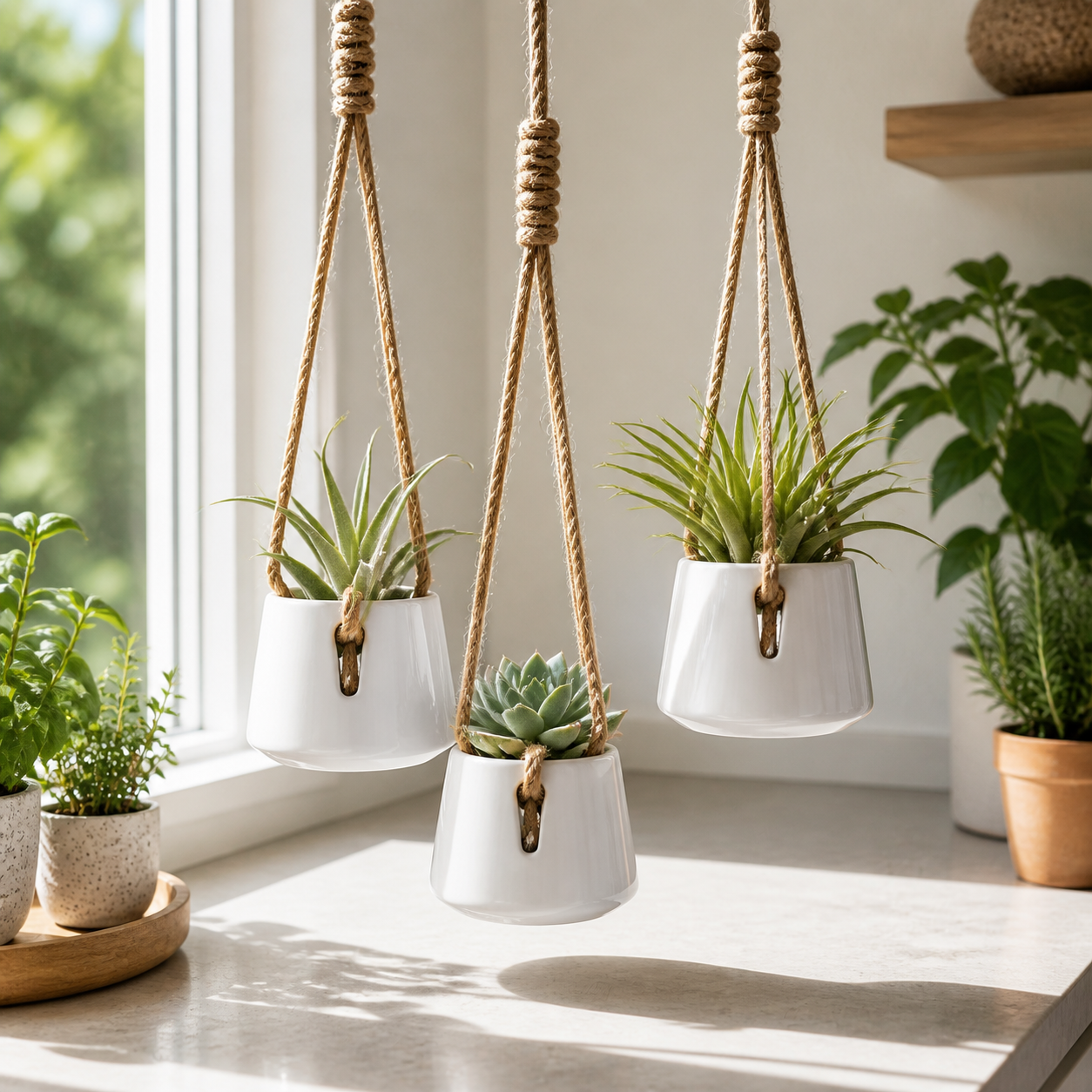 Cozy Haven 4-Piece Ceramic Rope Hanging Planter Set lifestyle image 3