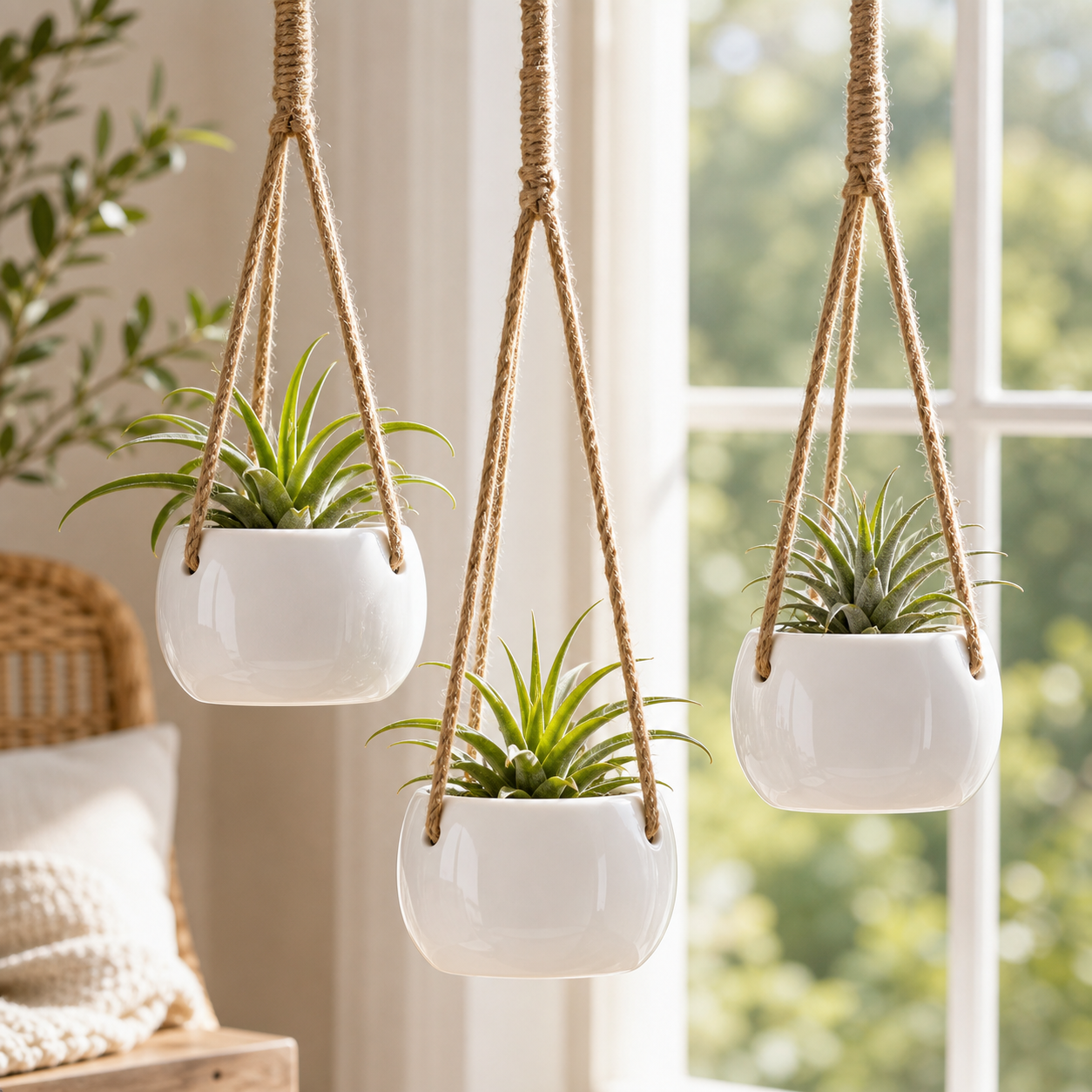 Cozy Haven 4-Piece Ceramic Rope Hanging Planter Set lifestyle image 6