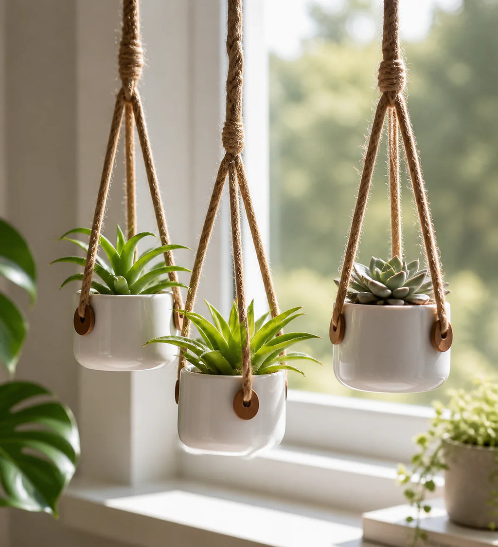 Cozy Haven 4-Piece Ceramic Rope Hanging Planter Set lifestyle image 4