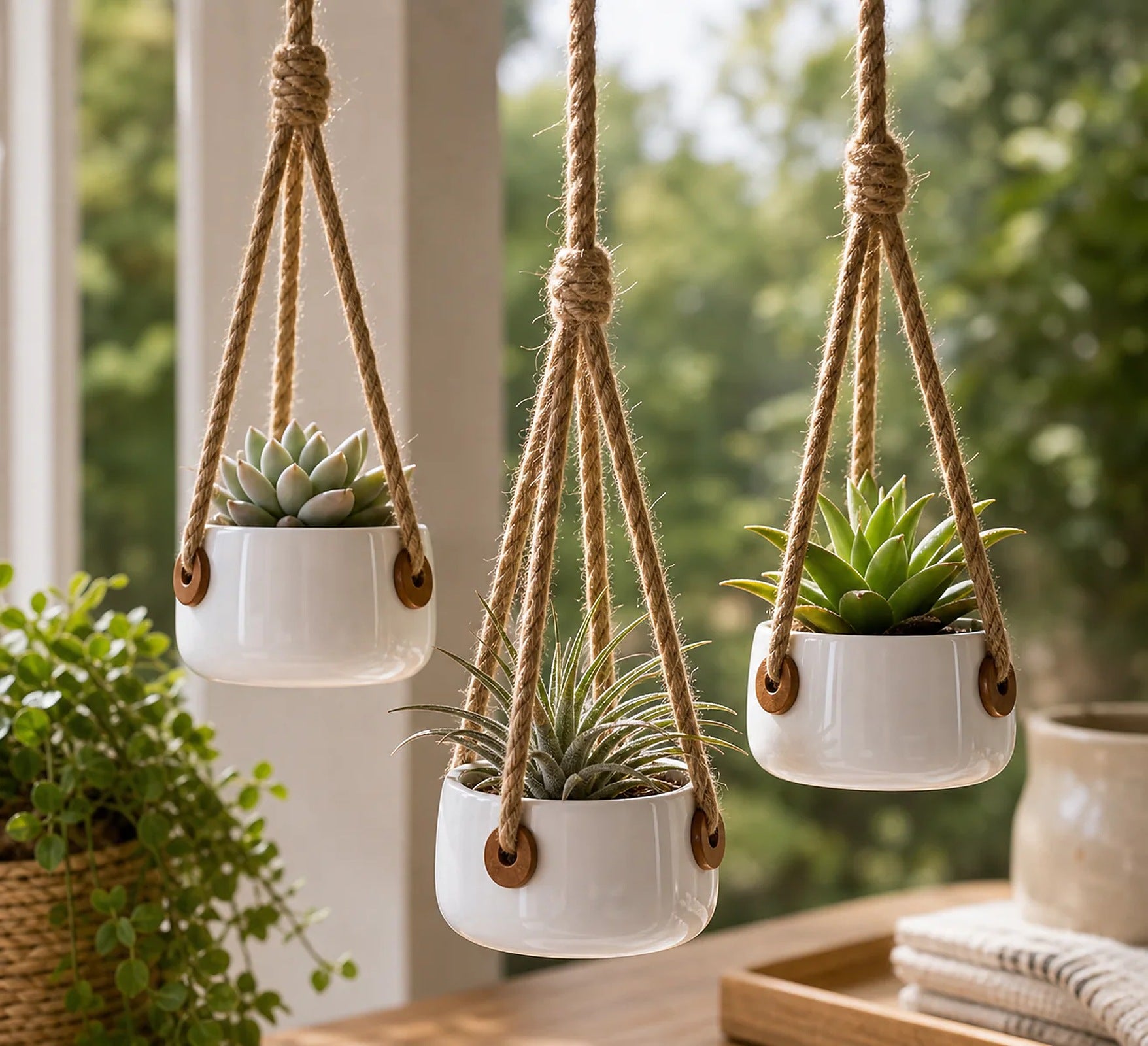 Cozy Haven 4-Piece Ceramic Rope Hanging Planter Set lifestyle image 5