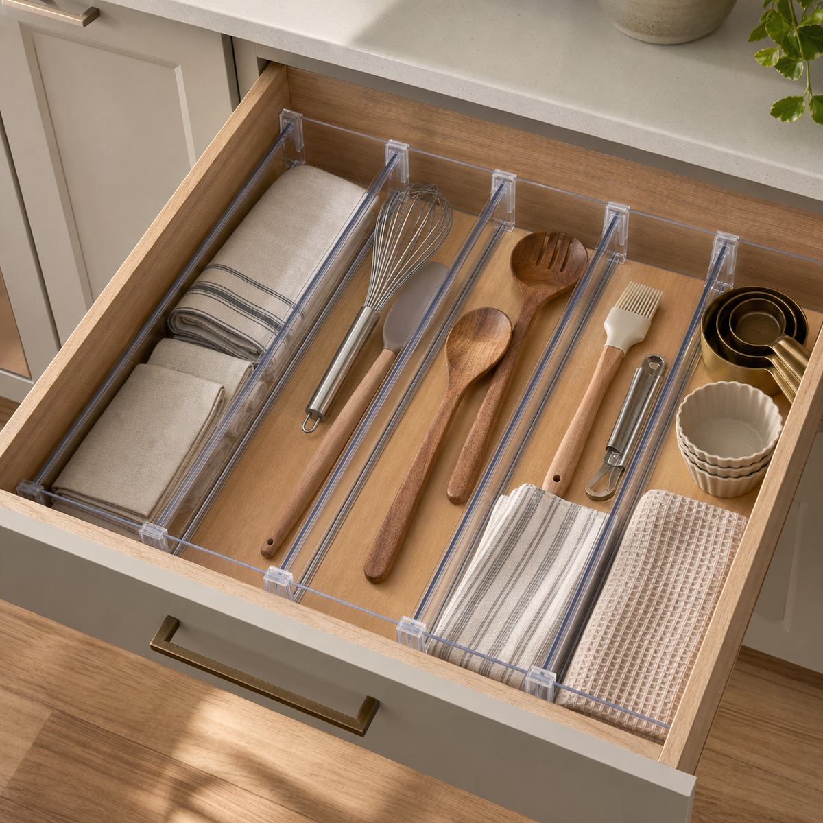 Cozy Haven Clear Expandable Drawer Divider Set styled in a home setting