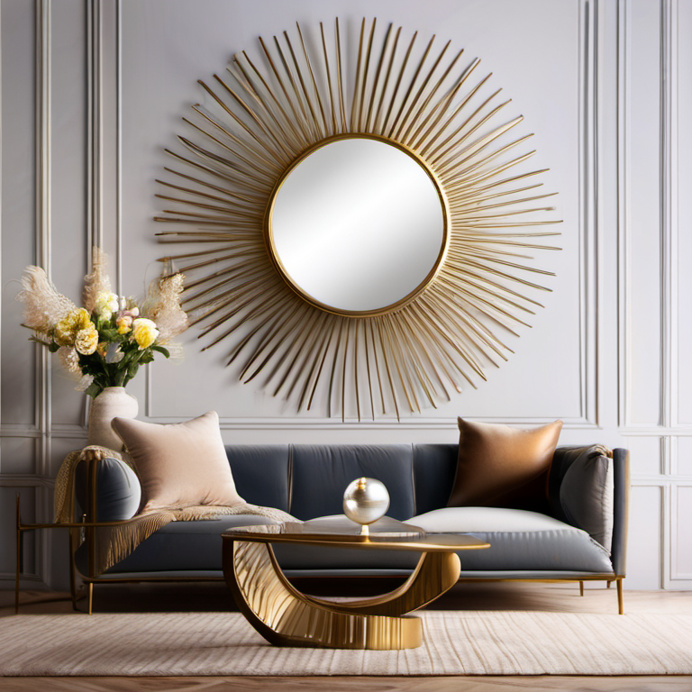 Cozy Haven bedroom wall lifestyle image for Cozy Haven Metal Sunburst Mirror Wall Art 24 Inch Gold Decorative Starburst Mirror with Rays - Living Room & Bedroom