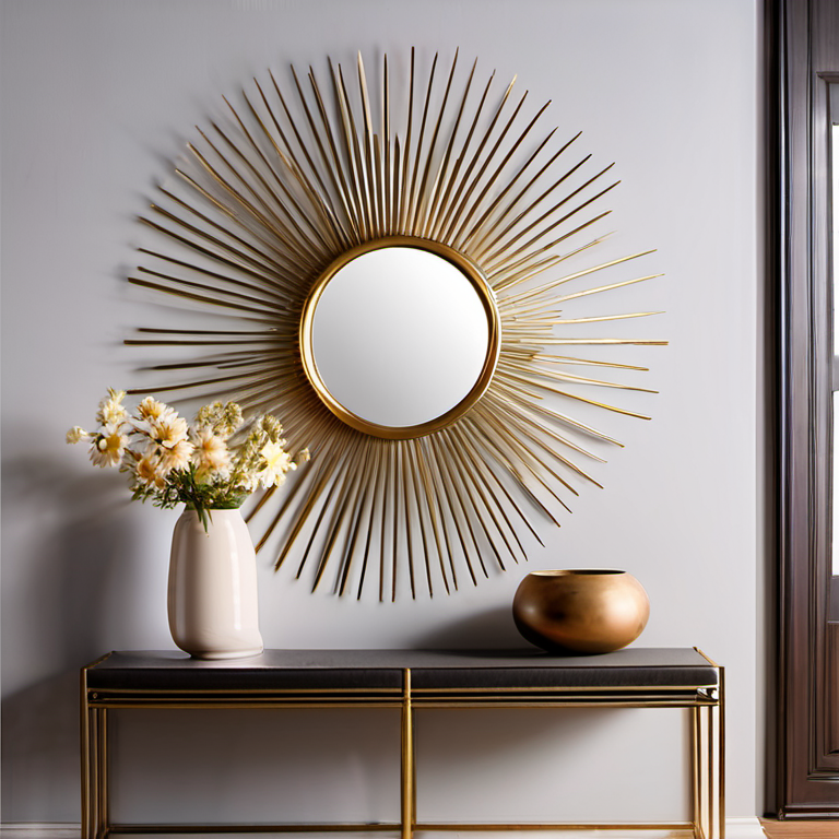 Cozy Haven console wall lifestyle image for Cozy Haven Metal Sunburst Mirror Wall Art 24 Inch Gold Decorative Starburst Mirror with Rays - Living Room & Bedroom