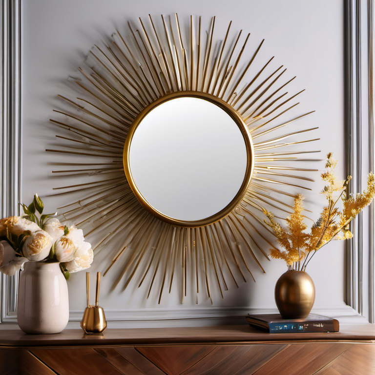 Cozy Haven detail installed lifestyle image for Cozy Haven Metal Sunburst Mirror Wall Art 24 Inch Gold Decorative Starburst Mirror with Rays - Living Room & Bedroom