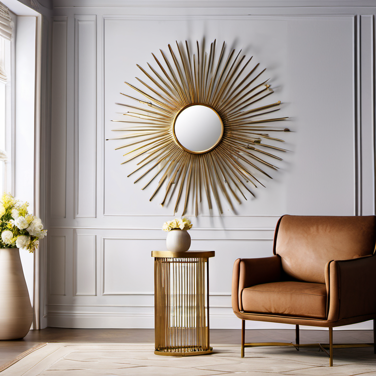 Cozy Haven gallery corner lifestyle image for Cozy Haven Metal Sunburst Mirror Wall Art 24 Inch Gold Decorative Starburst Mirror with Rays - Living Room & Bedroom