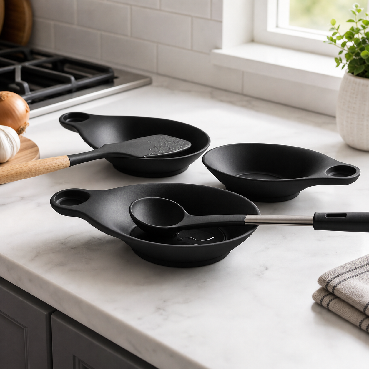 Cozy Haven Silicone Utensil Rest Spoon Holder - Three black utensil rests with tools