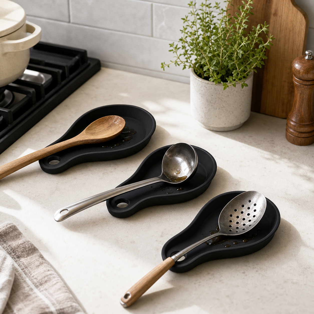 Cozy Haven Silicone Utensil Rest Spoon Holder - Black utensil rest set lifestyle