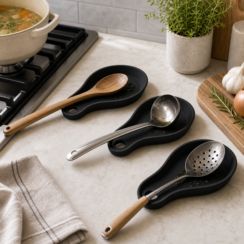 Cozy Haven Silicone Utensil Rest Spoon Holder - Black utensil rest set kitchen view