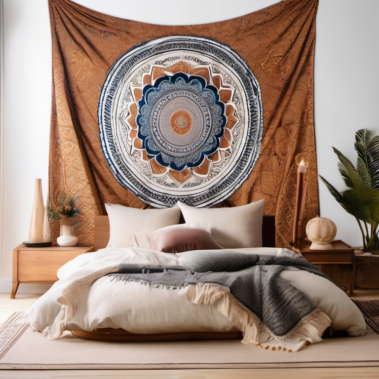 Cozy Haven bed layering lifestyle image for Cozy Haven Moroccan Mandala Tapestry - Large Bohemian Wall Hanging Art Blanket 59x79 Inch - Bedroom