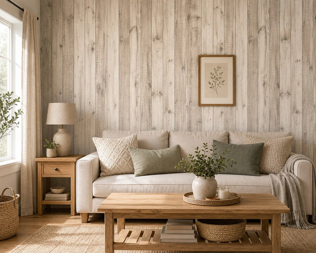Cozy Haven Peel and Stick Wood Plank Wall Decal Roll styled in a home setting