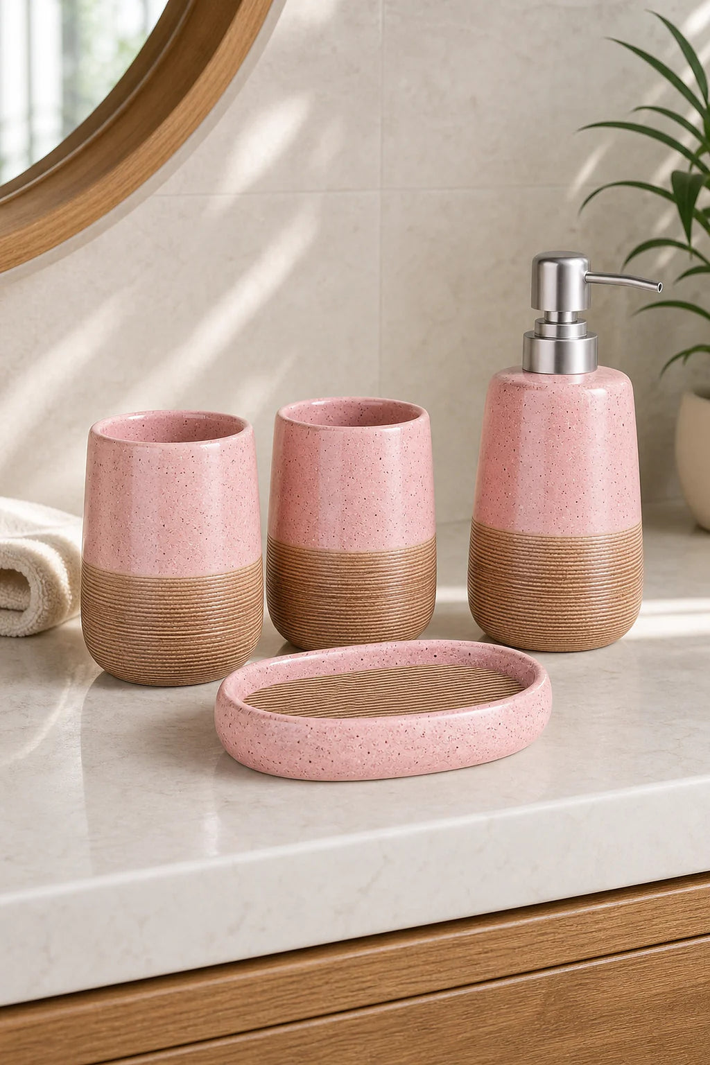 Cozy Haven Pink Ceramic Bathroom Accessories Set lifestyle image 5