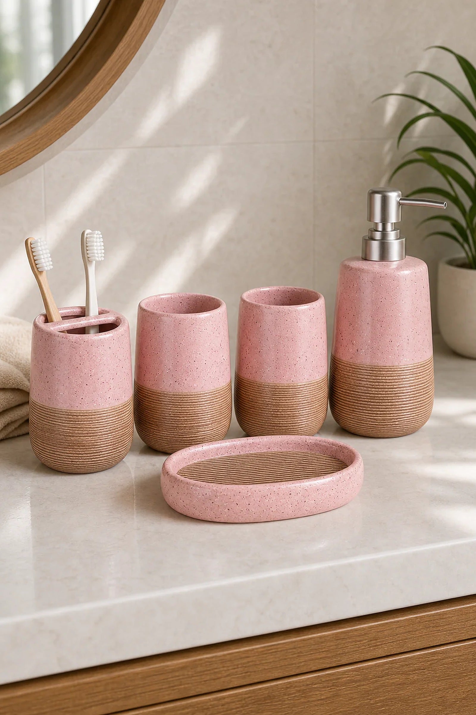 Cozy Haven Pink Ceramic Bathroom Accessories Set lifestyle image 6