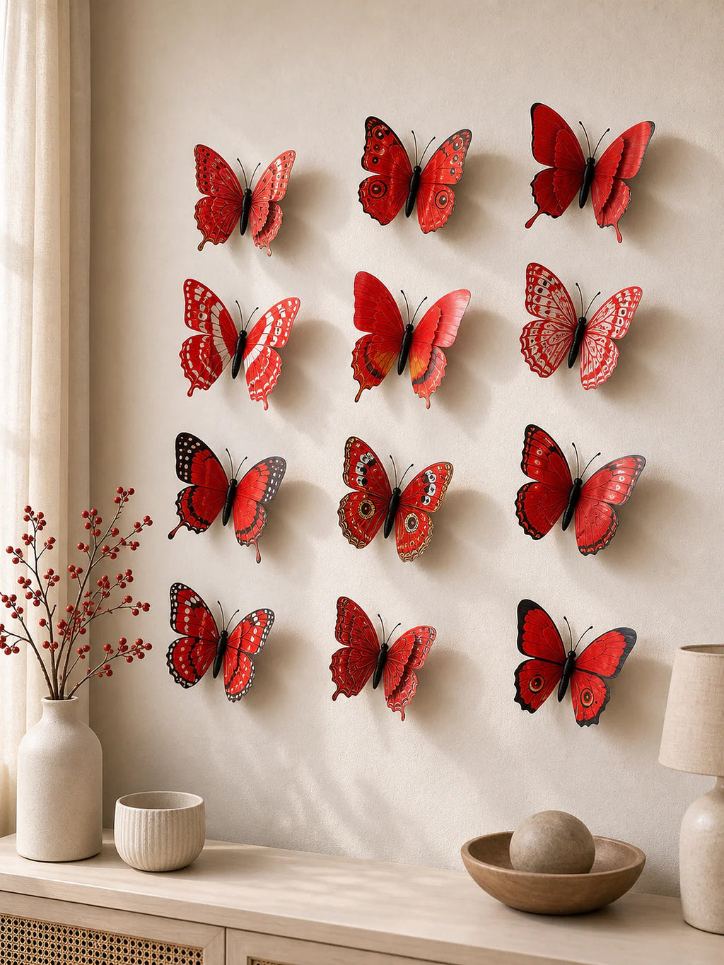 Cozy Haven 12-Piece 3D Butterfly Wall Decor Set - Red