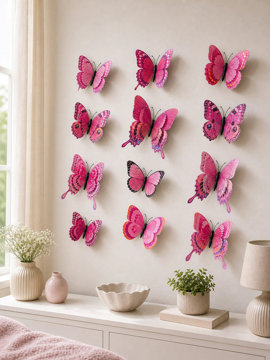 Cozy Haven 12-Piece 3D Butterfly Wall Decor Set - Deep Pink