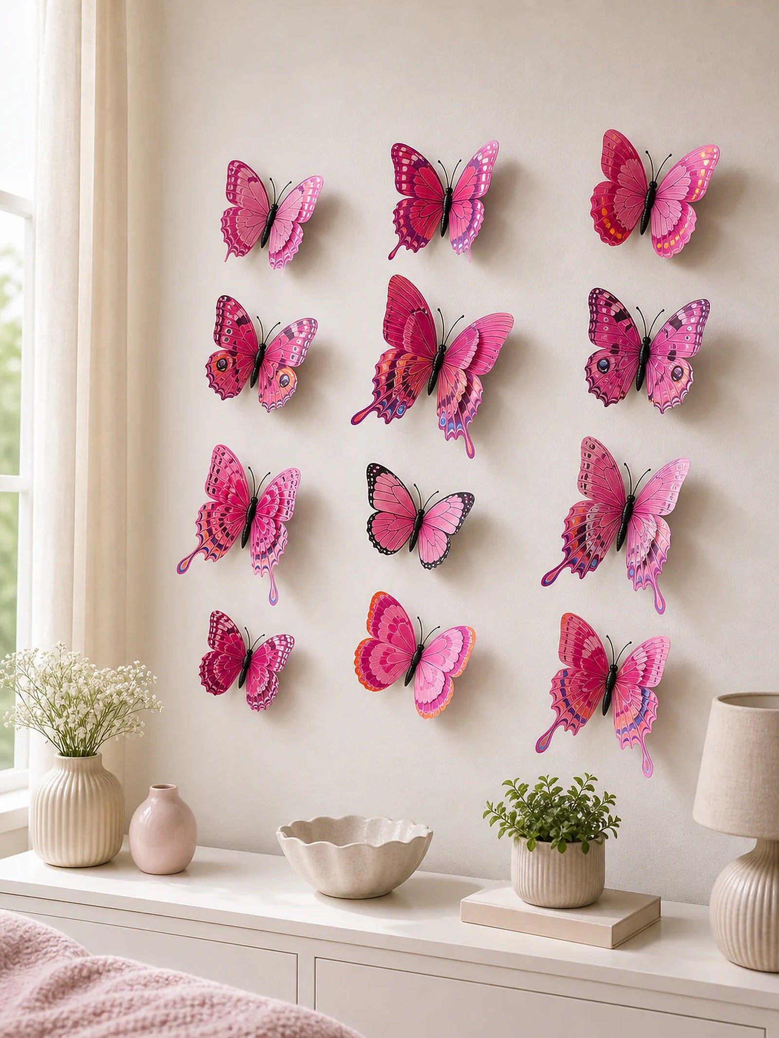 Cozy Haven 12-Piece 3D Butterfly Wall Decor Set - Deep Pink