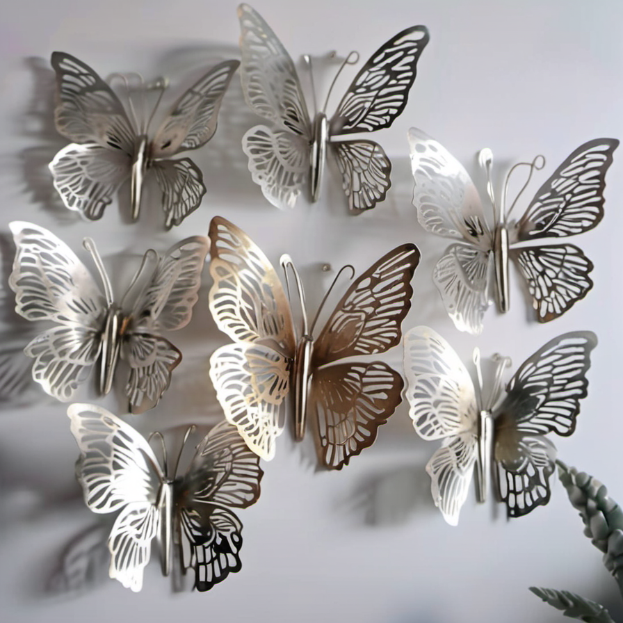 Cozy Haven lifestyle image for Cozy Haven 3D Metal Butterfly Wall Stickers Set - 12 Pack Silver Hollow Party Decor