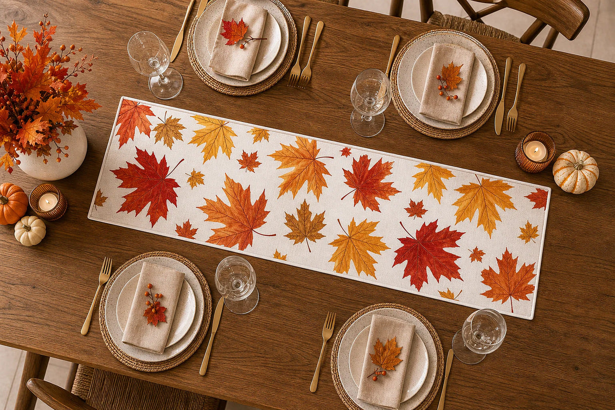 Cozy Haven Autumn Maple Leaves Table Runner styled in a home setting