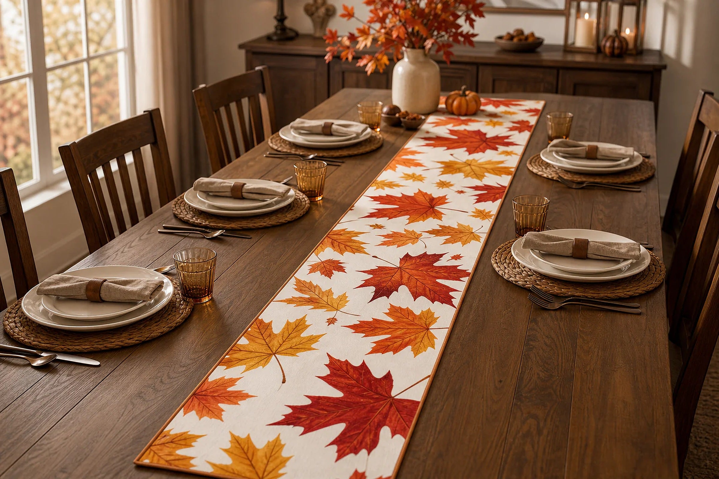 Cozy Haven Autumn Maple Leaves Table Runner lifestyle image 3 for 200 x 33 cm (78.7 x 13 in)