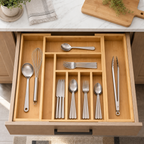 Cozy Haven Expandable Bamboo Drawer Organizer styled kitchen view 2 for Natural Bamboo