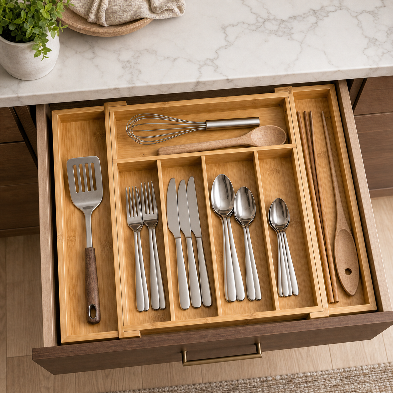 Cozy Haven Expandable Bamboo Drawer Organizer styled kitchen view 3