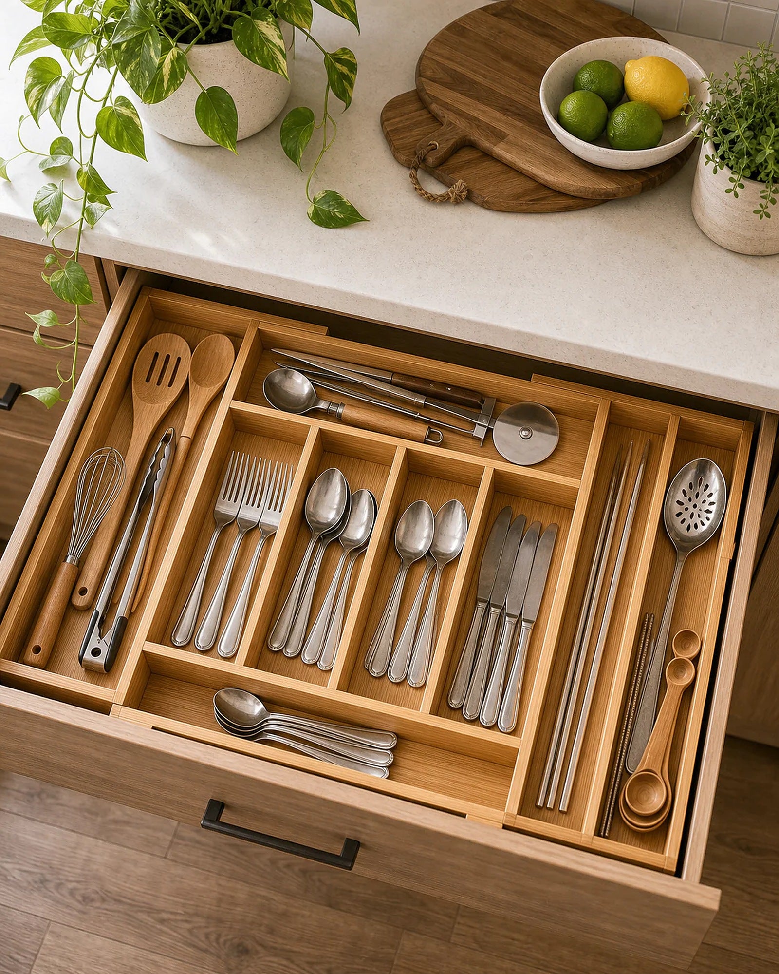 Cozy Haven Expandable Bamboo Drawer Organizer styled kitchen view 4