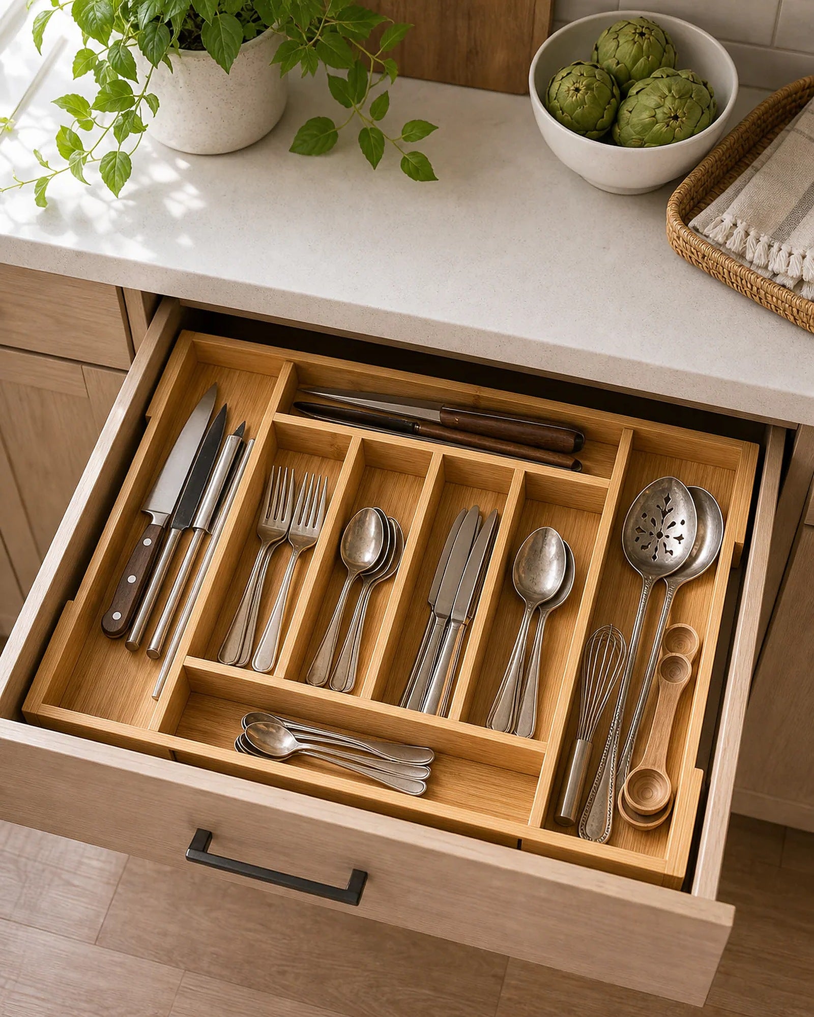 Cozy Haven Expandable Bamboo Drawer Organizer styled kitchen view 5