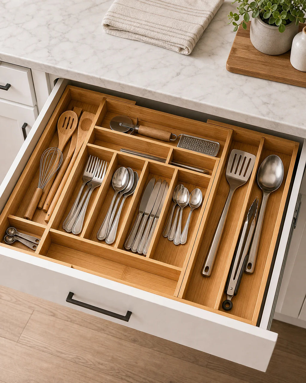 Cozy Haven Expandable Bamboo Drawer Organizer styled kitchen view 6