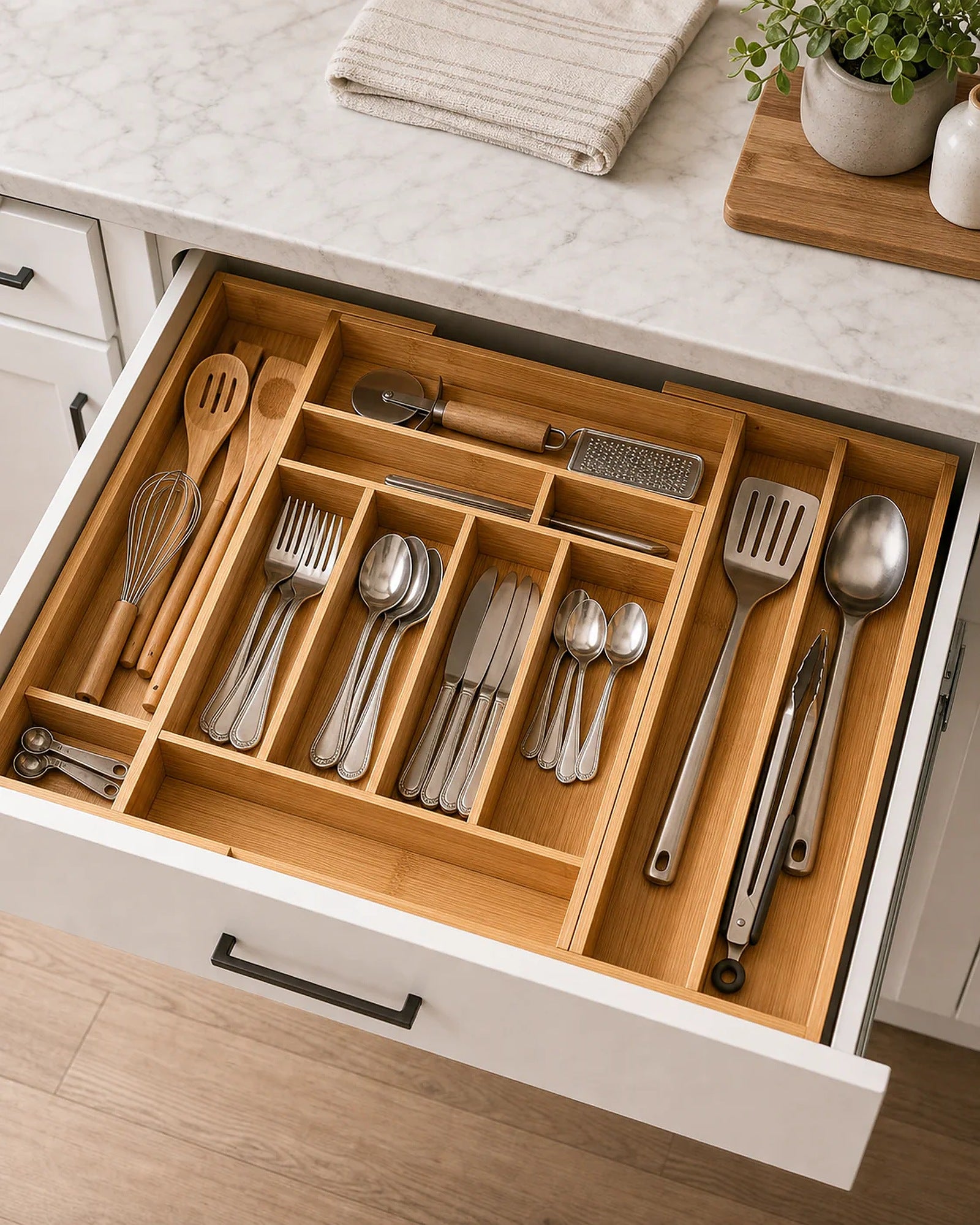 Cozy Haven Expandable Bamboo Drawer Organizer styled kitchen view 6