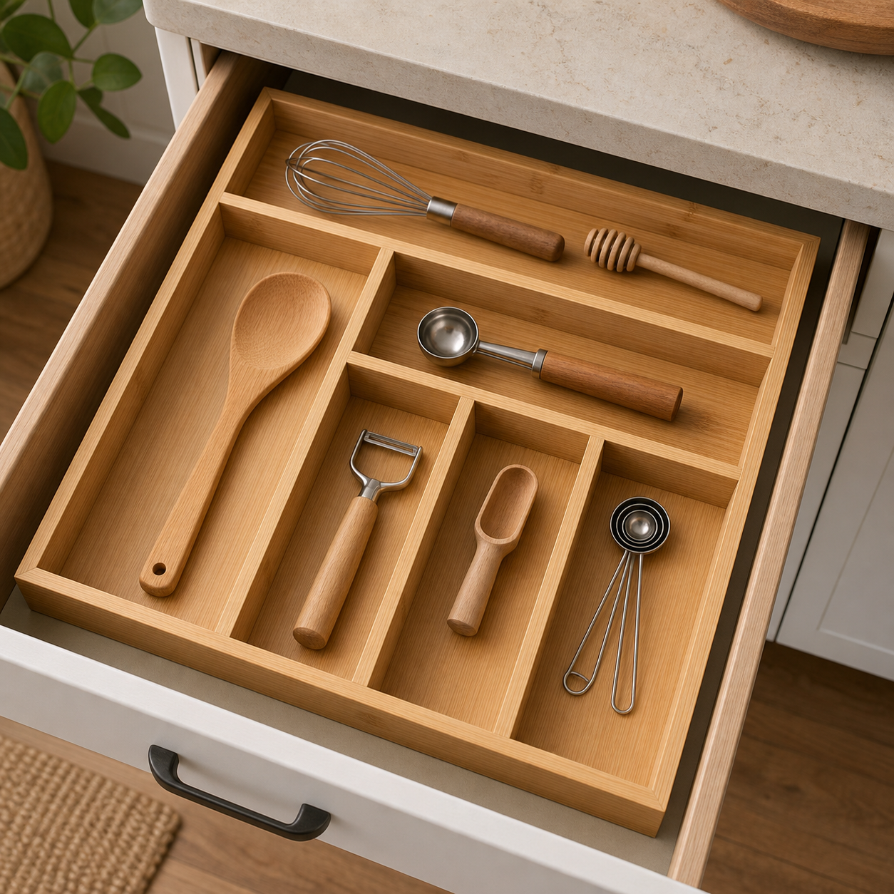 Cozy Haven Bamboo Kitchen Drawer Organizer styled kitchen view 3 for 6-Grid Organizer