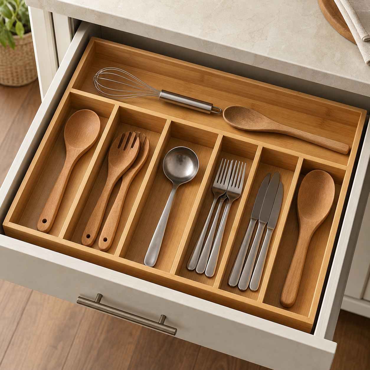 Cozy Haven Bamboo Kitchen Drawer Organizer styled kitchen view 4 for 7-Grid Organizer
