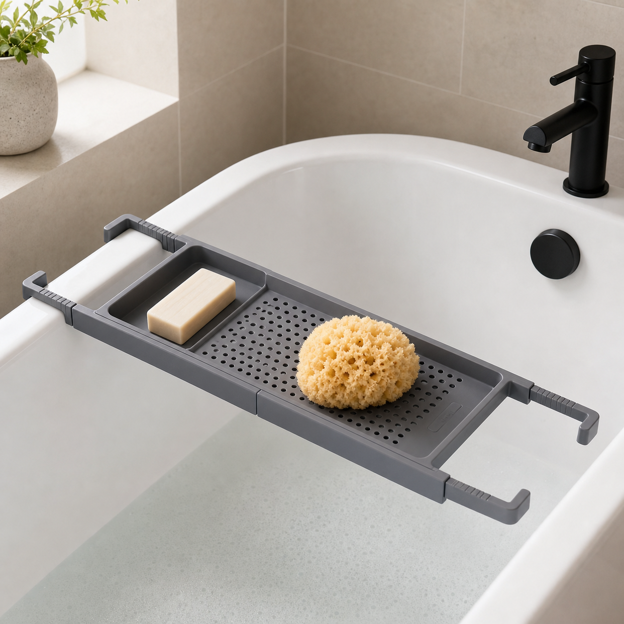 Cozy Haven Adjustable Plastic Bathtub Tray across bathtub rim
